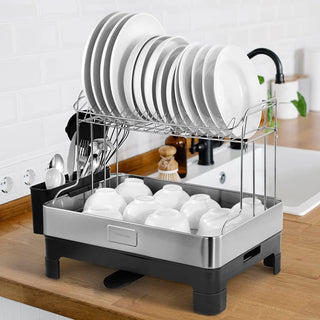 Simple 2-Tier Dish Drying Rack & Tray With Swivel Drain Spout