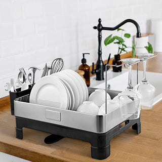 Simple Dish Drying Rack & Tray With Swivel Drain Spout, Wine Glass Holder