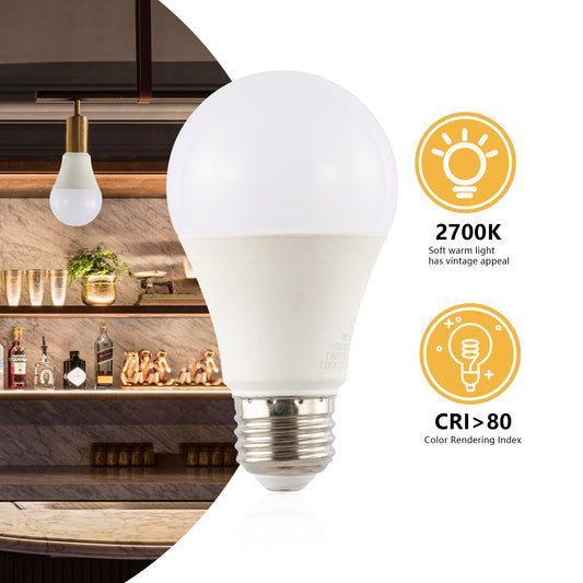 Global Non-Dimmable A19-9W LED Bulbs with E26 Base, 80+ CRI, Warm White 2700K, 805 Lumens, White (Pack of 4)