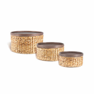 Gouda Southwestern Hand-Woven Hyacinth Circular Nesting Baskets with Wood Lids