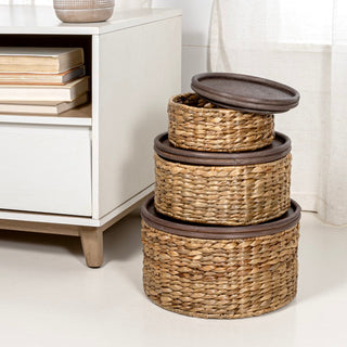 Gouda Southwestern Hand-Woven Hyacinth Circular Nesting Baskets with Wood Lids