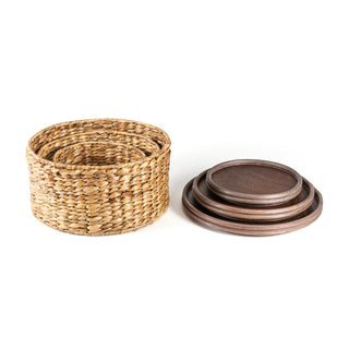 Gouda Southwestern Hand-Woven Hyacinth Circular Nesting Baskets with Wood Lids