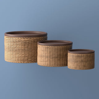 Gouda Southwestern Hand-Woven Hyacinth Circular Nesting Baskets with Wood Lids