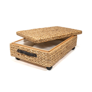 Chett Minimalist Hand-Woven Hyacinth/Wood Underbed Storage Bin with Wheels and Handles