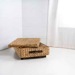 Chett Minimalist Hand-Woven Hyacinth/Wood Underbed Storage Bin with Wheels and Handles