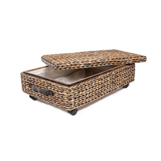 Chett Minimalist Hand-Woven Hyacinth/Wood Underbed Storage Bin with Wheels and Handles