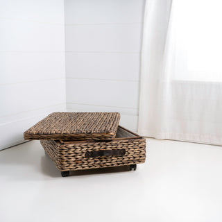 Chett Minimalist Hand-Woven Hyacinth/Wood Underbed Storage Bin with Wheels and Handles