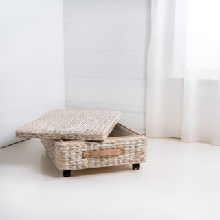 Chett Minimalist Hand-Woven Hyacinth/Wood Underbed Storage Bin with Wheels and Handles