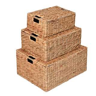 Ram Classic Farmhouse Woven Hyacinth Rectangular Storage Baskets with Lids and Handles