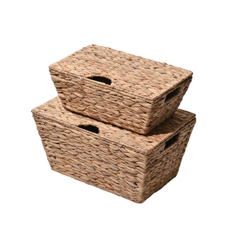 Blaze Classic Farmhouse Woven Hyacinth Rectangular Storage Baskets with Lids and Handles