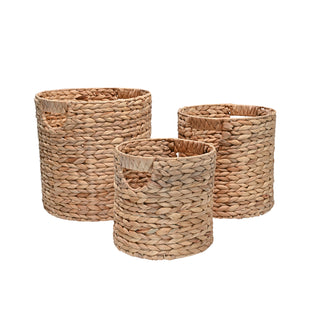 Ash Bohemian Cottage Handwoven Hyacinth Cylinder Nesting Baskets with Handles