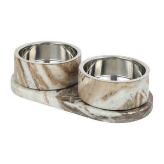 PinePaw Small/Medium Modern Weighted Double Marble and Stainless Steel Bowl 12oz (1.5 Cups) Feeder with Non-Slip Marble Tray Set
