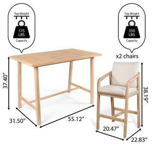 Caribbean Modern Coastal 3-Piece Acacia Wood Outdoor Bar Set with Cushions