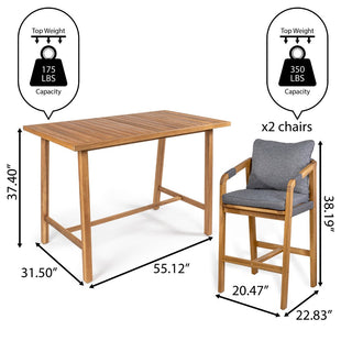 Caribbean Modern Coastal 3-Piece Acacia Wood Outdoor Bar Set with Cushions