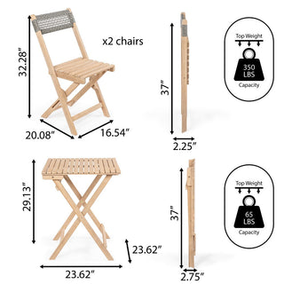 Monterey Modern Mid-Century 3-Piece Roped Acacia Wood Outdoor Folding Bistro Set