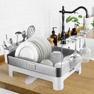 Simple Dish Drying Rack & Tray With Swivel Drain Spout, Wine Glass Holder