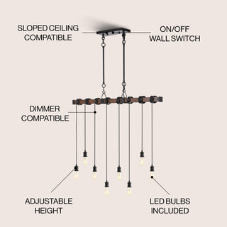 Hinkley 40" 8-Light Vintage Industrial Driftwood Iron LED Linear Chandelier with Height Adjustable Bulbs