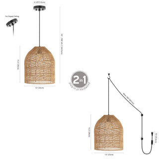 Hardwired 13" Farmhouse Coastal Bohemian Rattan 180" Cord Plug-In or Hardwired LED Pendant