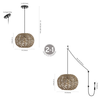 KOUBOO 14" Farmhouse Coastal Rattan 180" Cord Plug-In or Hardwired LED Pendant