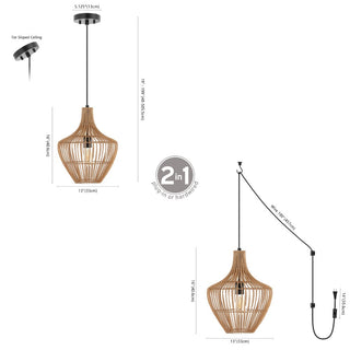 Nautical 13" Farmhouse Coastal Rattan 180" Cord Plug-In or Hardwired LED Pendant