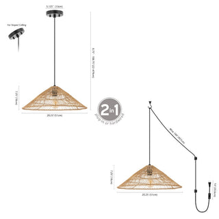 triangle 20.25" Farmhouse Coastal Rattan 180" Cord Plug-In or Hardwired LED Pendant