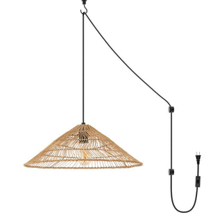 triangle 20.25" Farmhouse Coastal Rattan 180" Cord Plug-In or Hardwired LED Pendant