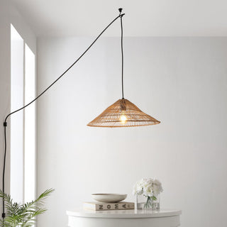 triangle 20.25" Farmhouse Coastal Rattan 180" Cord Plug-In or Hardwired LED Pendant