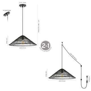 triangle 20.25" Farmhouse Coastal Rattan 180" Cord Plug-In or Hardwired LED Pendant