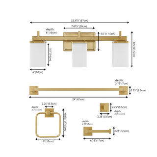 Atocif 22.38" 3-Light Modern Contemporary Vanity Light with Frosted Glass Shades and Bathroom Hardware Accessory Set