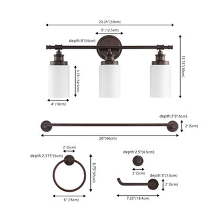 Eidonta 23.25" 3-Light Classic Cottage Vanity Light with Frosted Glass Shades and Bathroom Hardware Accessory Set