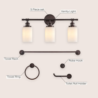 Eidonta 23.25" 3-Light Classic Cottage Vanity Light with Frosted Glass Shades and Bathroom Hardware Accessory Set