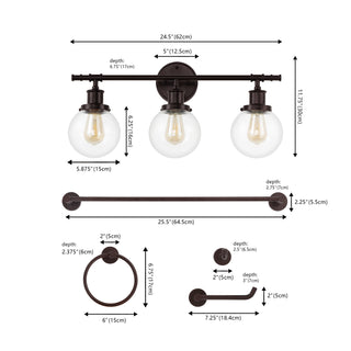 Gauge 24.5" 3-Light Farmhouse Classic Vanity Light with Bathroom Hardware Accessory Set