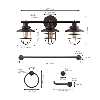 Veneto 24" 3-Light Industrial Farmhouse Vanity Light with Bathroom Hardware Accessory Set