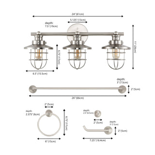 Veneto 24" 3-Light Industrial Farmhouse Vanity Light with Bathroom Hardware Accessory Set