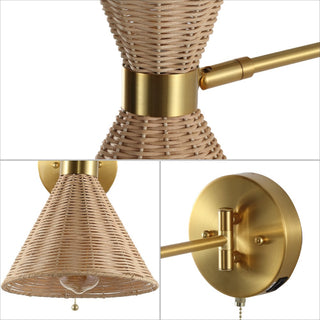 Swing 25" 1-Light Mid-Century Vintage Retro Rattan/Metal USB Charging Swing Arm LED Sconce with Pull Chain