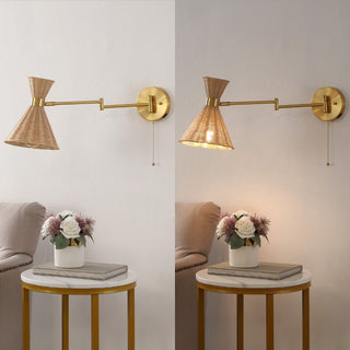 Swing 25" 1-Light Mid-Century Vintage Retro Rattan/Metal USB Charging Swing Arm LED Sconce with Pull Chain