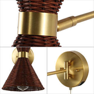 Swing 25" 1-Light Mid-Century Vintage Retro Rattan/Metal USB Charging Swing Arm LED Sconce with Pull Chain