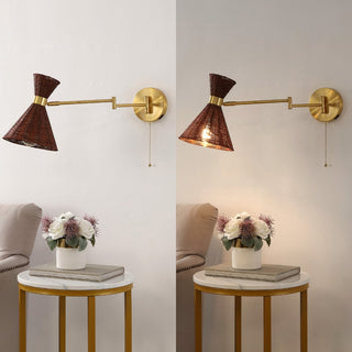 Swing 25" 1-Light Mid-Century Vintage Retro Rattan/Metal USB Charging Swing Arm LED Sconce with Pull Chain