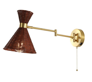 Swing 25" 1-Light Mid-Century Vintage Retro Rattan/Metal USB Charging Swing Arm LED Sconce with Pull Chain