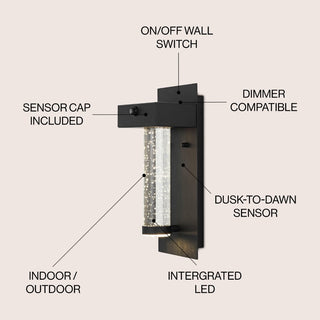 Tremillo 5.5" Minimalist Industrial Iron/Glass Seeded Glass with Dusk-to-Dawn Sensor Integrated LED Outdoor Sconce