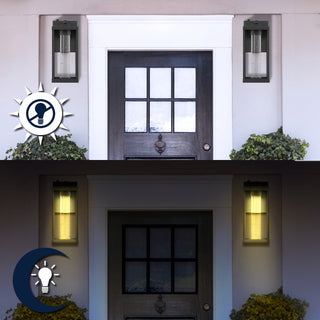 Shoji 4.75" Industrial Vintage Iron/Glass Seeded Glass with Dusk-to-Dawn Sensor Integrated LED Outdoor Sconce