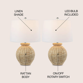 Bayou 22" Rustic Coastal Rattan Globe LED Table Lamps