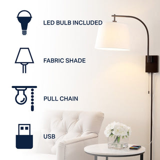 Solaris 22.5" Mid-Century Modern Plug-In or Hardwired Iron LED Gooseneck Swing Arm Wall Sconce with Pull-Chain and USB Charging Port