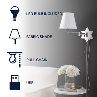 Howe 18.5" Modern French Country Swing Arm Plug-In or Hardwired Iron LED Star Wall Sconce with Pull-Chain and USB Charging Port