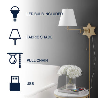 Howe 18.5" Modern French Country Swing Arm Plug-In or Hardwired Iron LED Star Wall Sconce with Pull-Chain and USB Charging Port