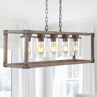 Alica 36" 5-Light Linear Adjustable Iron/Seeded Glass Rustic Farmhouse LED Pendant