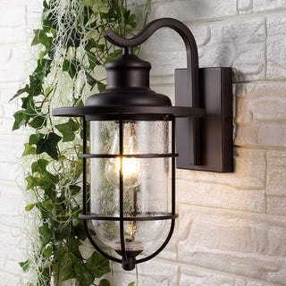 Aubrey 10.5" Iron/Seeded Glass Rustic Industrial Cage LED Outdoor Lantern