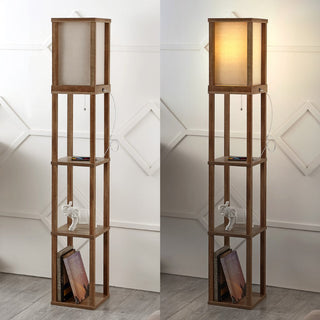 Ouch 63.5" Rustic Bohemian Wooden LED 3-Shelf Floor Lamp with Pull-Chain