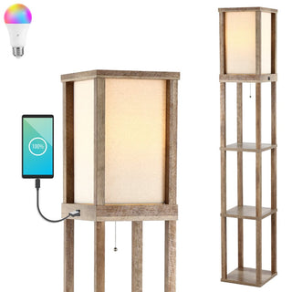 Ouch 63.5" Rustic Bohemian Wooden LED 3-Shelf Floor Lamp with Pull-Chain