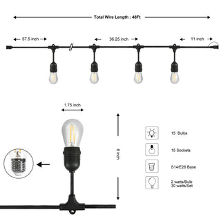 Friv 15-Light Indoor/Outdoor 48 ft. Rustic Industrial LED S14 Edison Bulb String Lights, Black